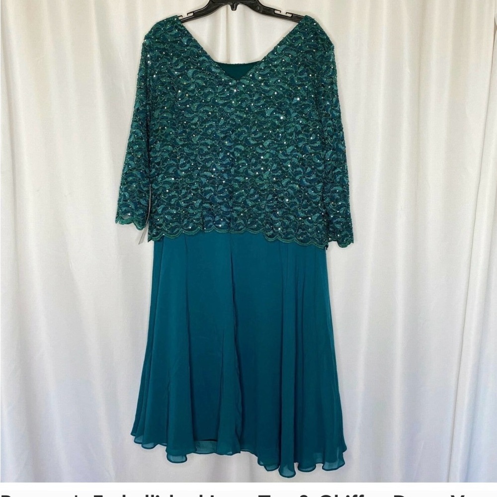 Roaman's Embellished Lace Top & Chiffon Dress V Neck Plus Size 20W